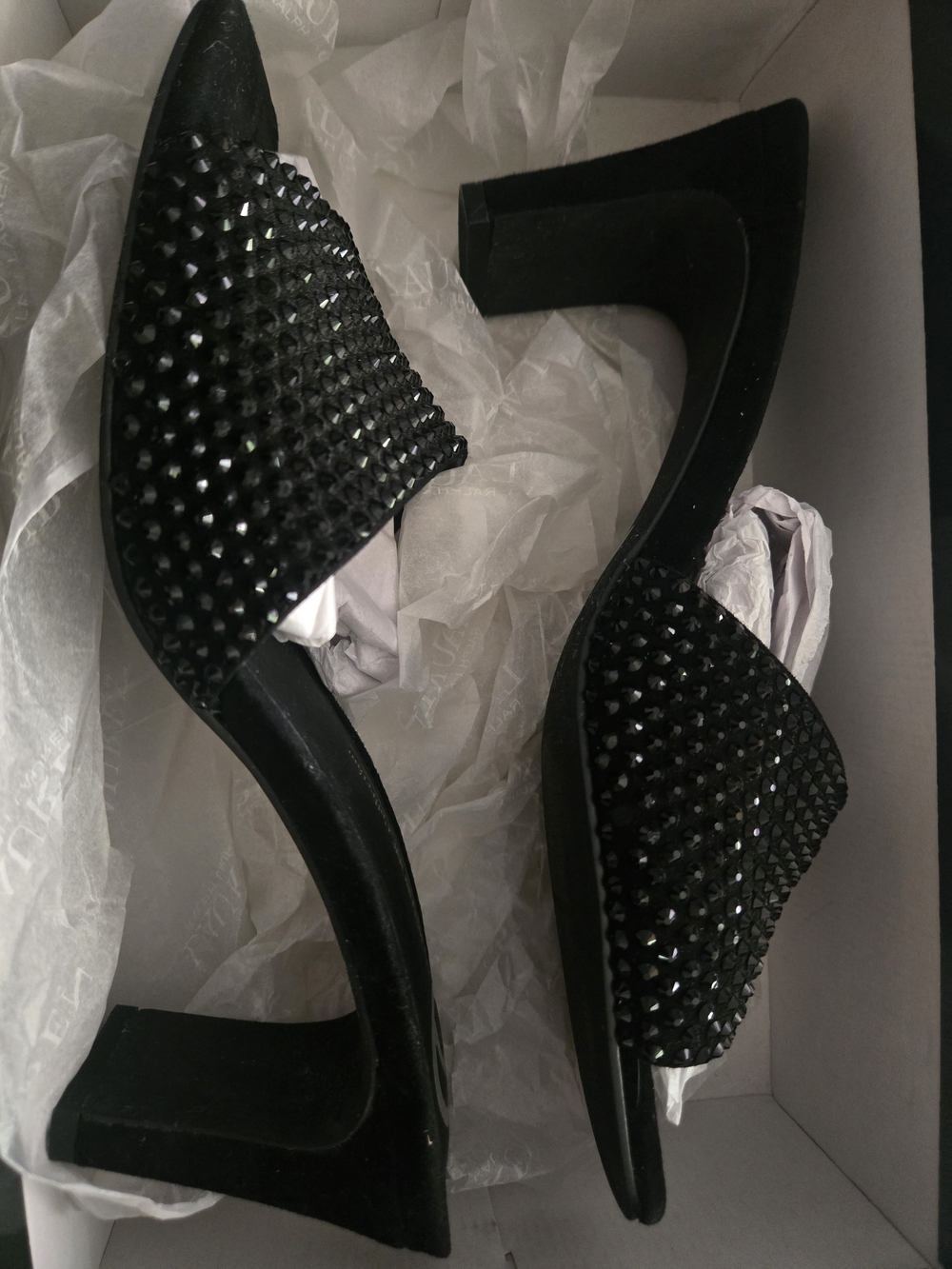Women's Black Crystal-Embellished Block Heel Mules
